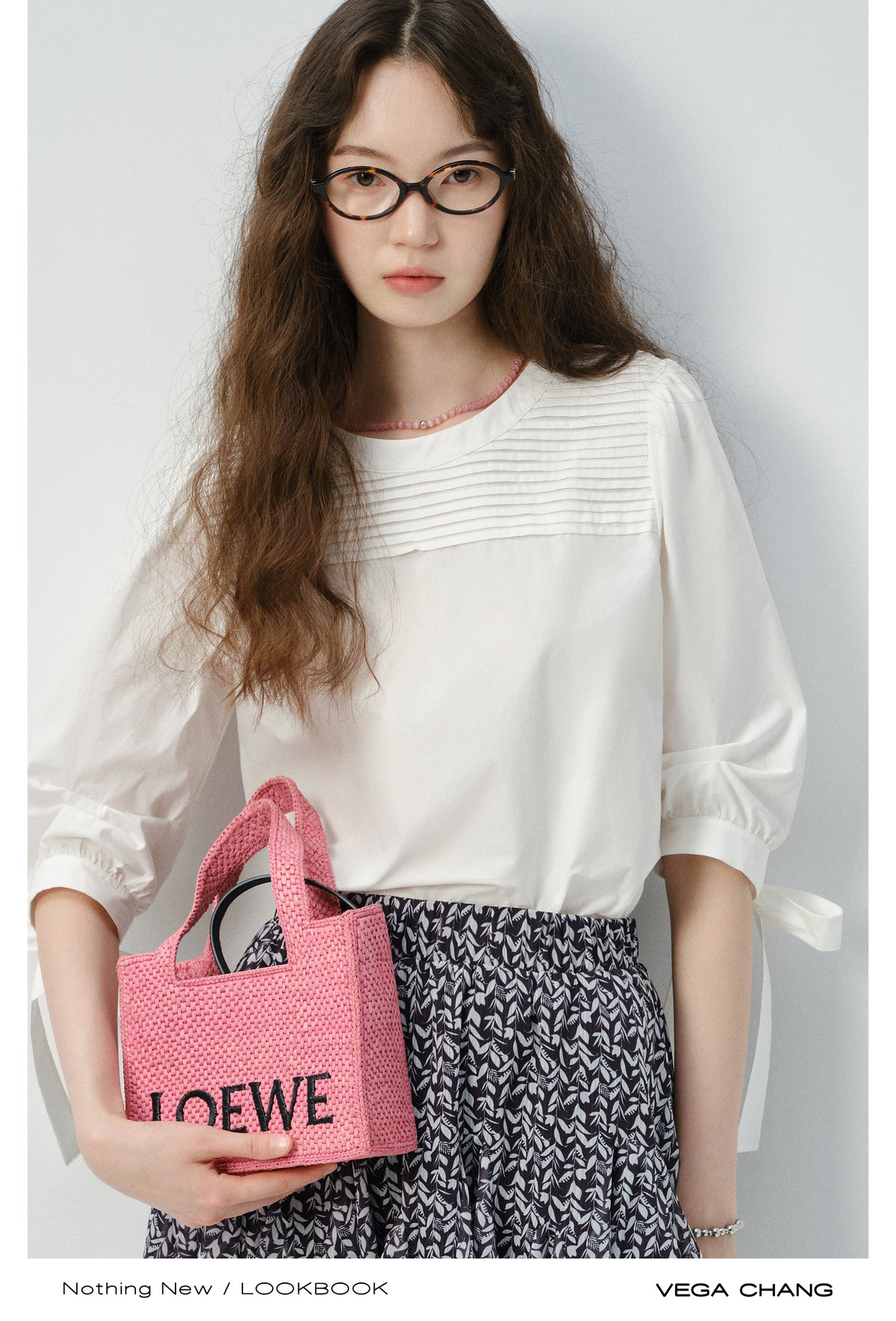 Pleated Blouse With 3/4 Ribbon Puffed Sleeves