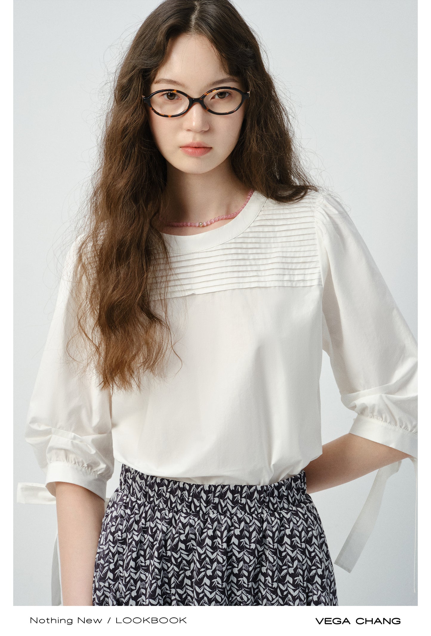 Pleated Blouse With 3/4 Ribbon Puffed Sleeves