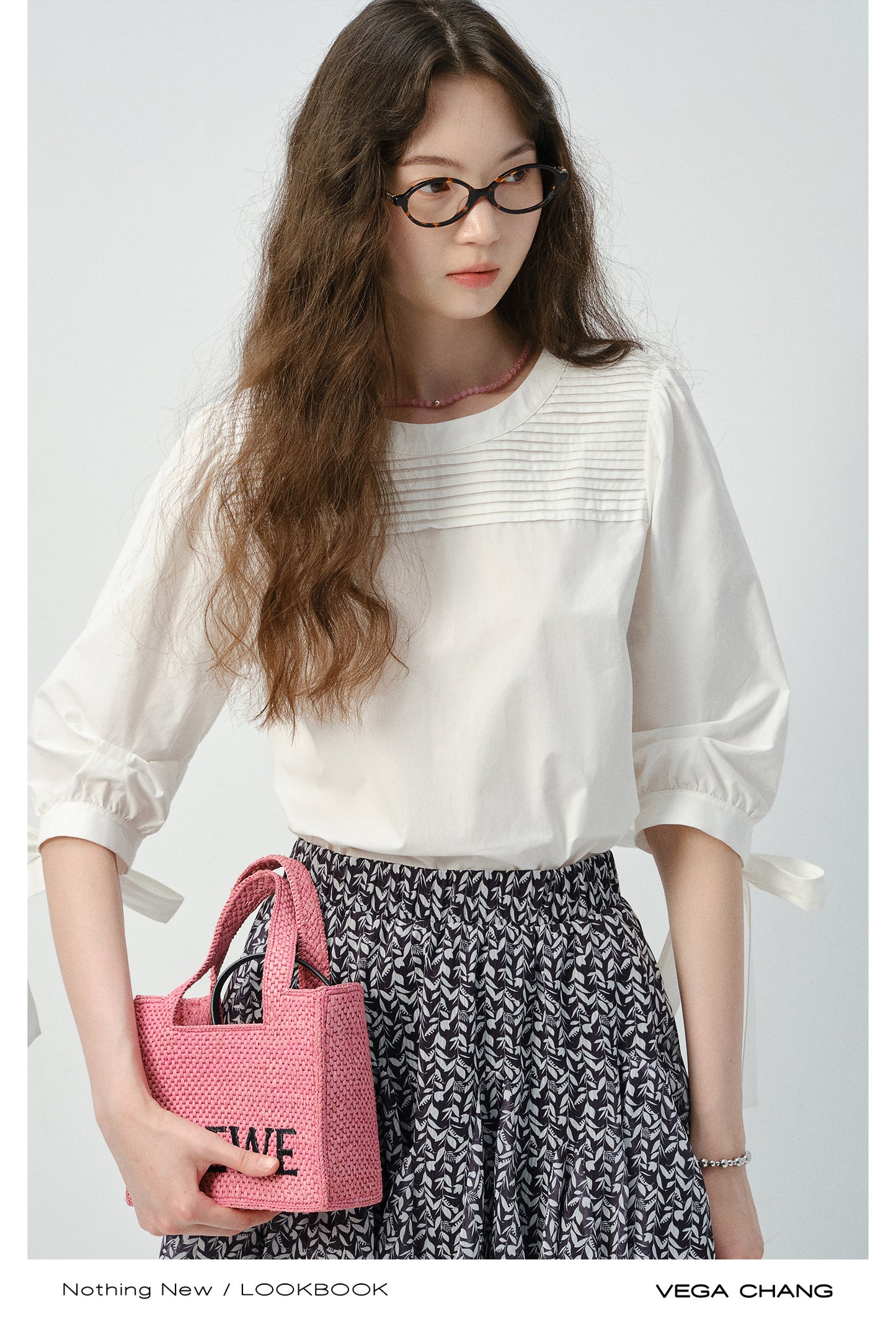 Pleated Blouse With 3/4 Ribbon Puffed Sleeves
