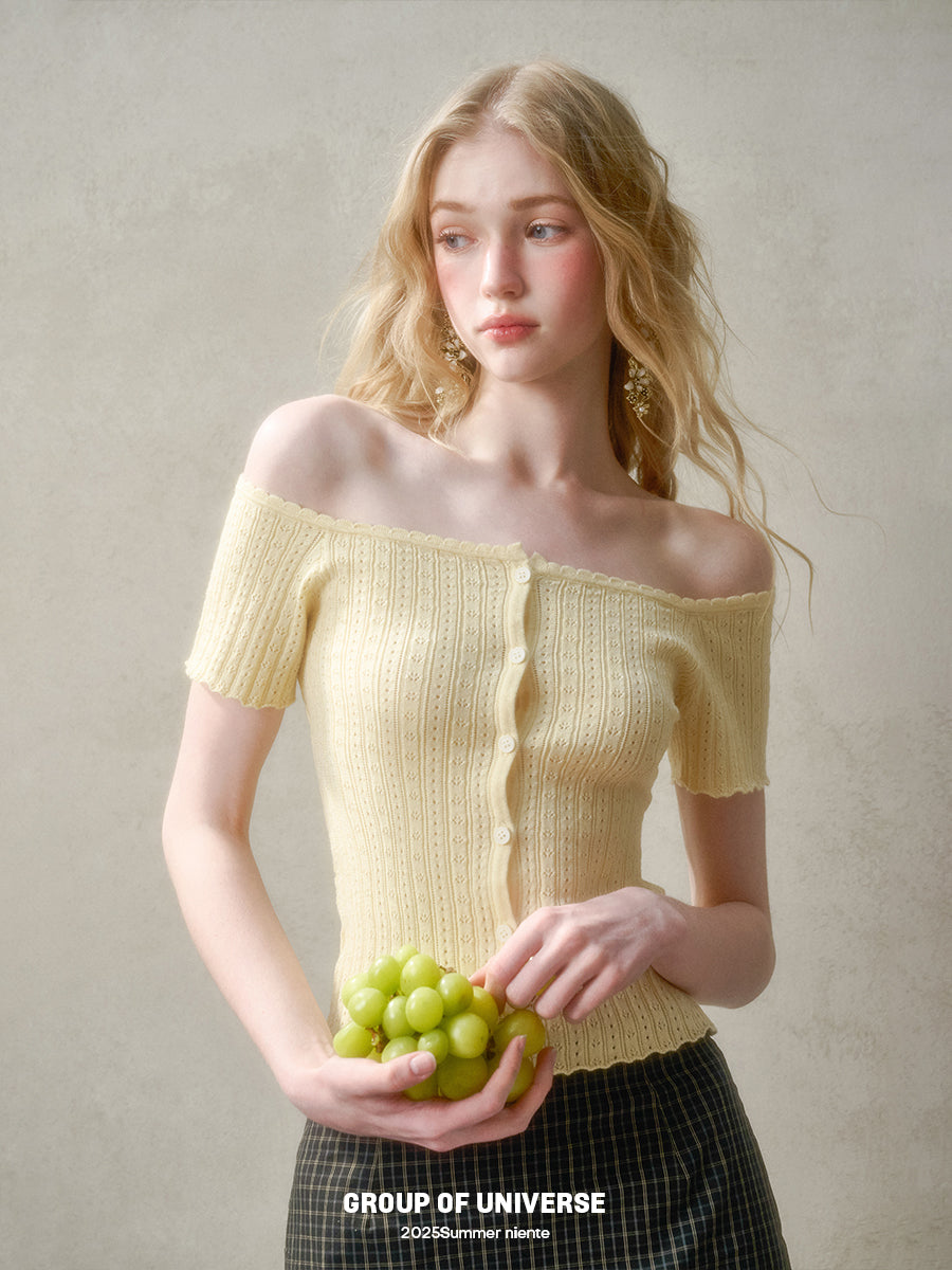 Pointelle Off-Shoulder Button-Up Top