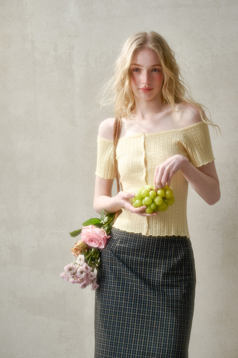 Pointelle Off-Shoulder Button-Up Top