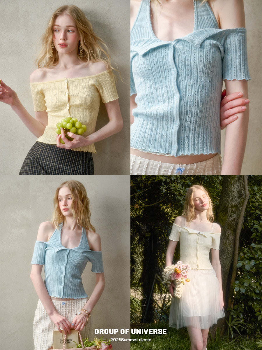 Pointelle Off-Shoulder Button-Up Top