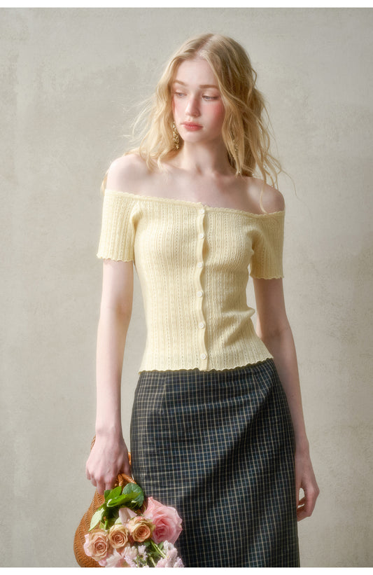 Pointelle Off-Shoulder Button-Up Top