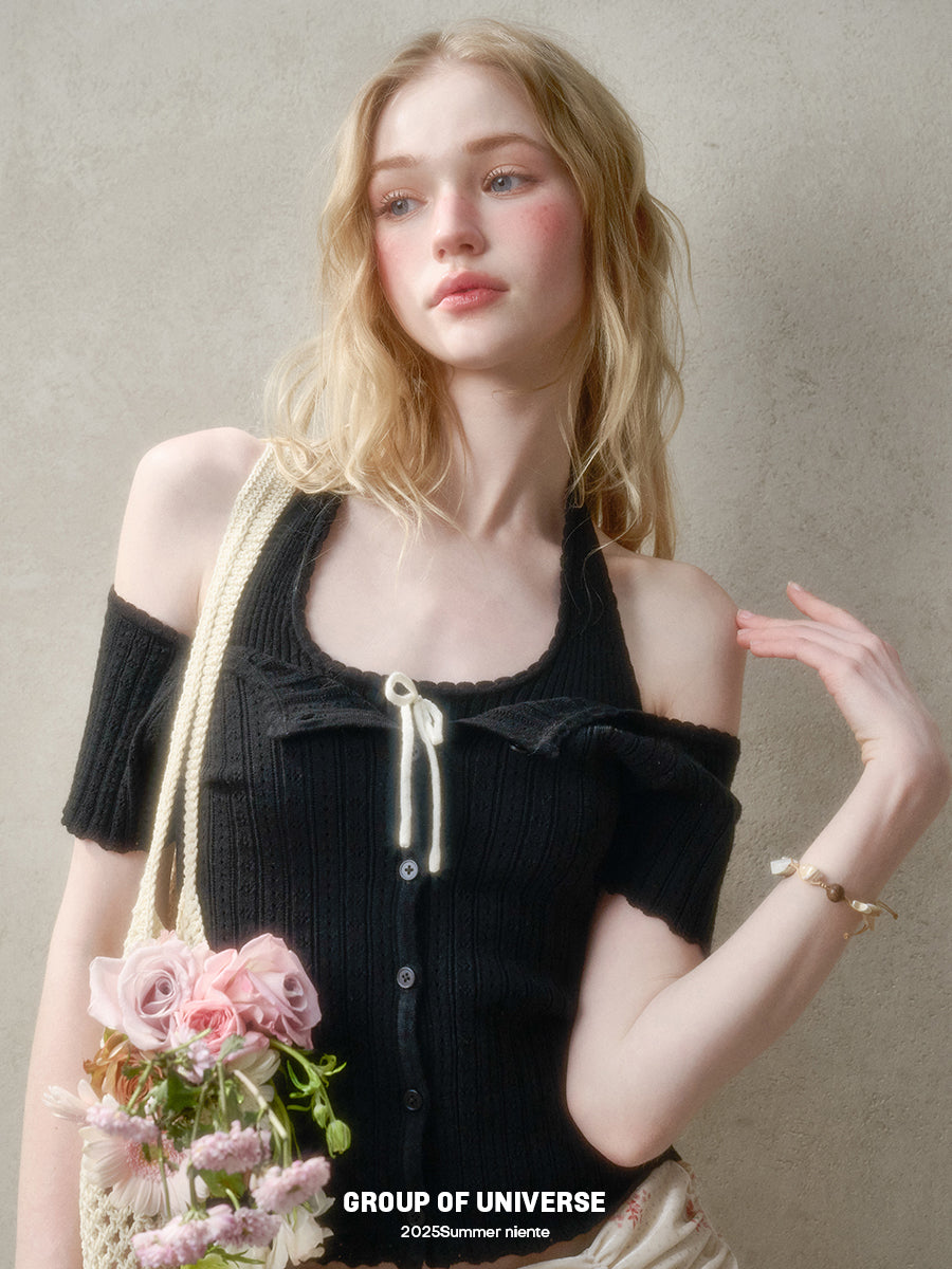 Pointelle Off-Shoulder Button-Up Top