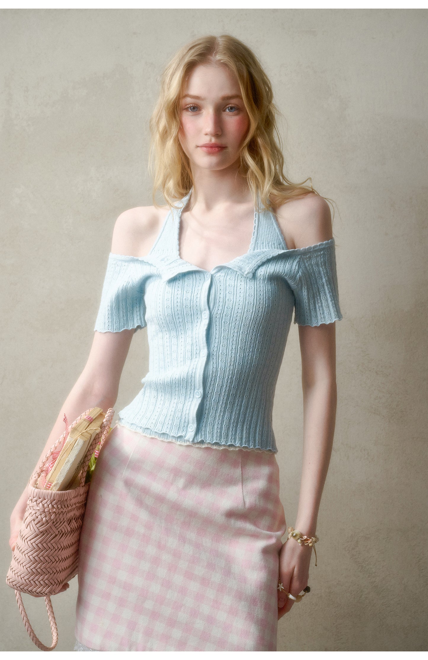 Pointelle Off-Shoulder Button-Up Top