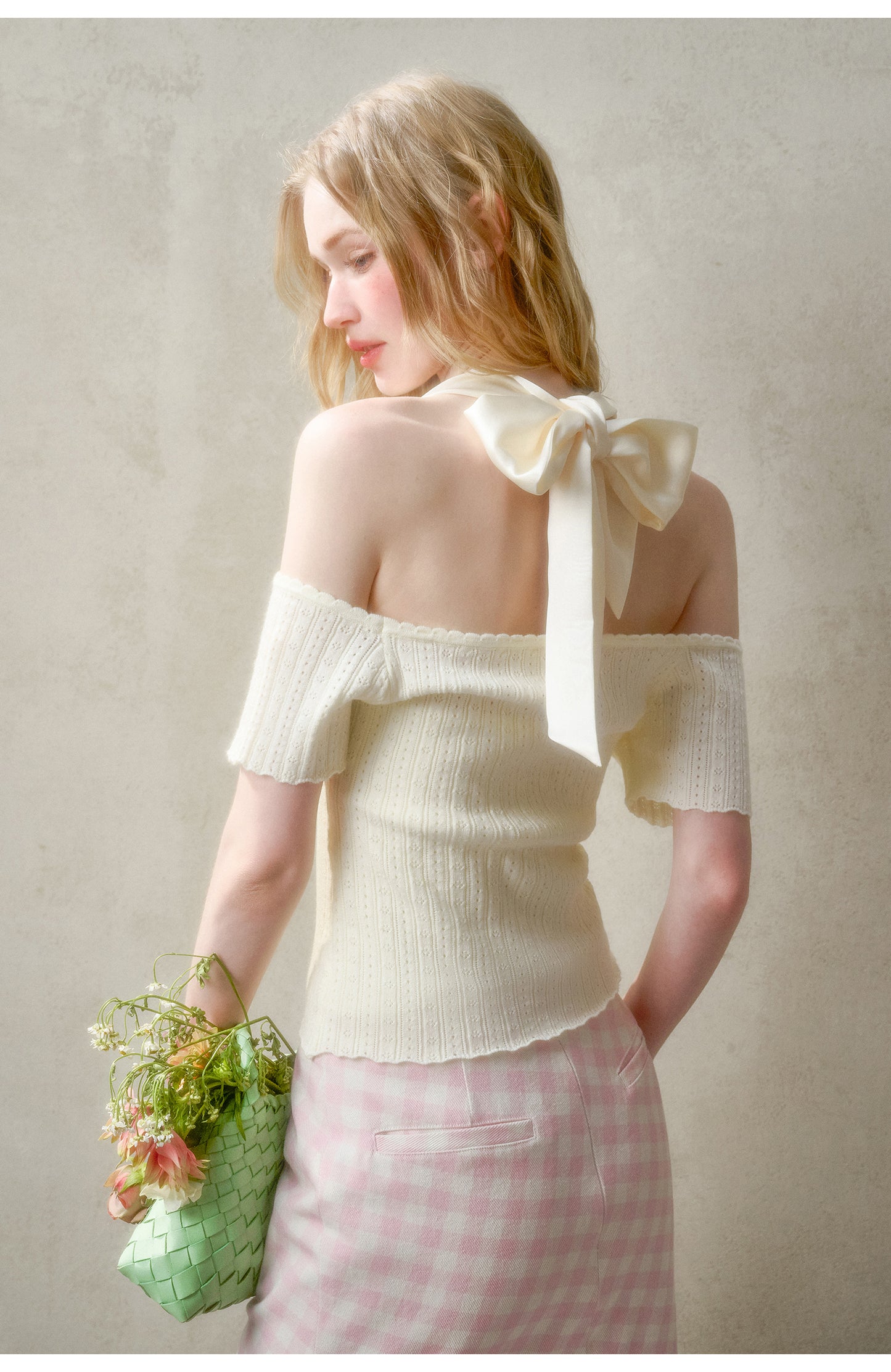 Pointelle Off-Shoulder Button-Up Top