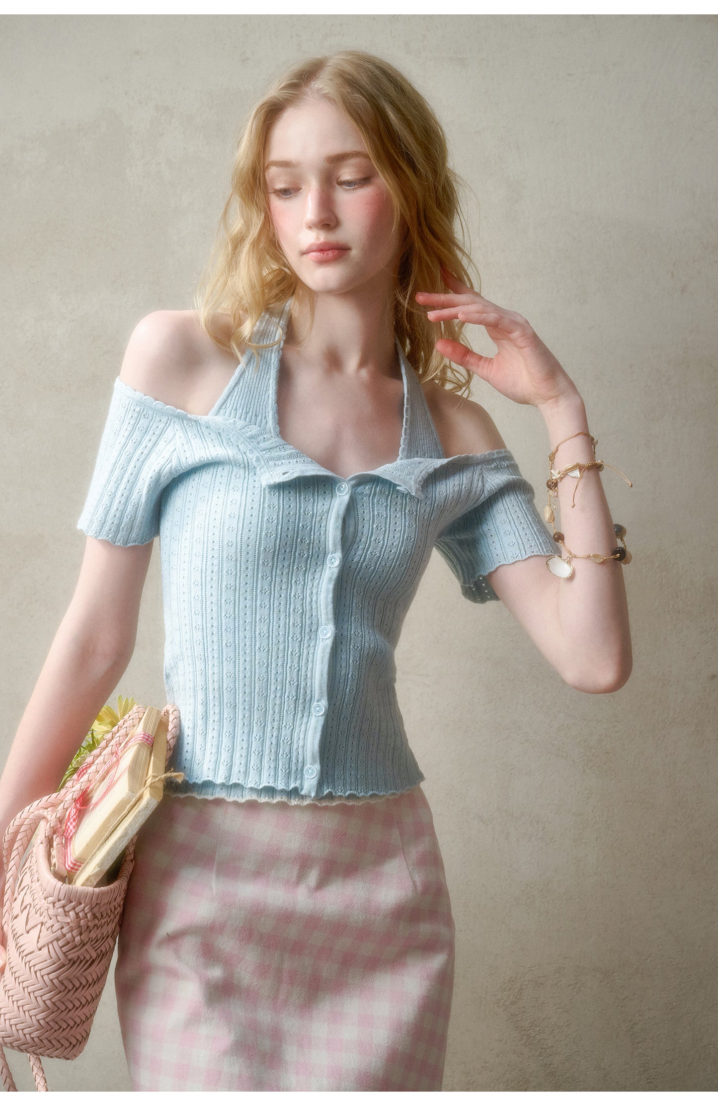 Pointelle Off-Shoulder Button-Up Top