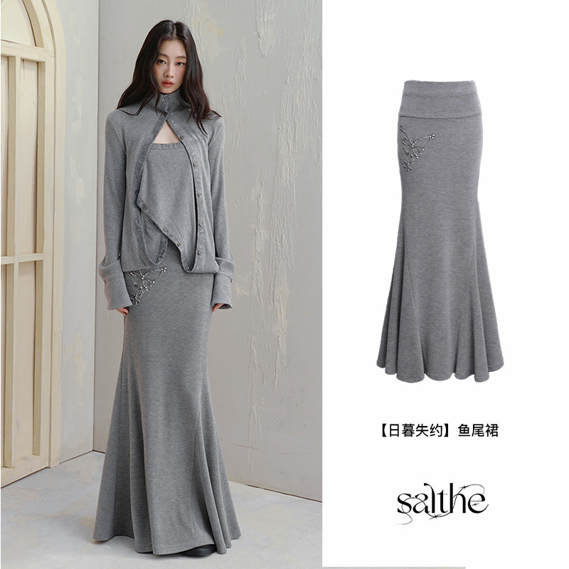 Asymmetric Knit Tube Top Cardigan / Butterfly Maxi Skirt