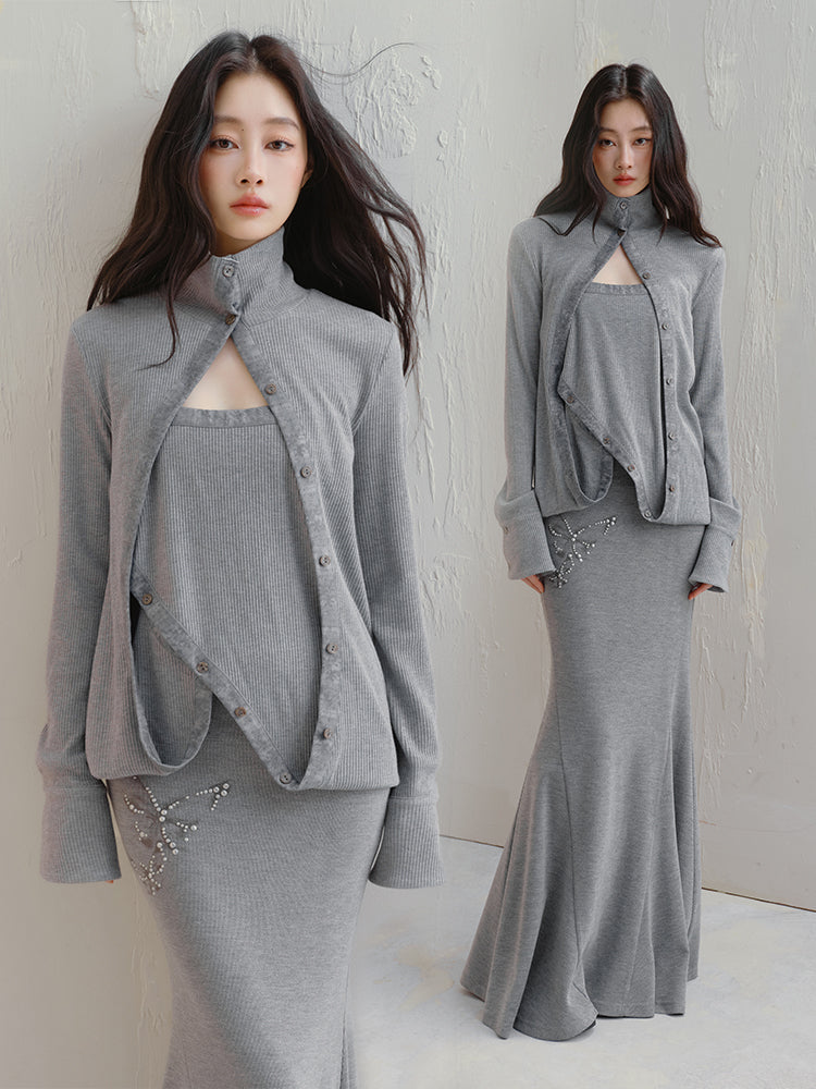 Asymmetric Knit Tube Top Cardigan / Butterfly Maxi Skirt