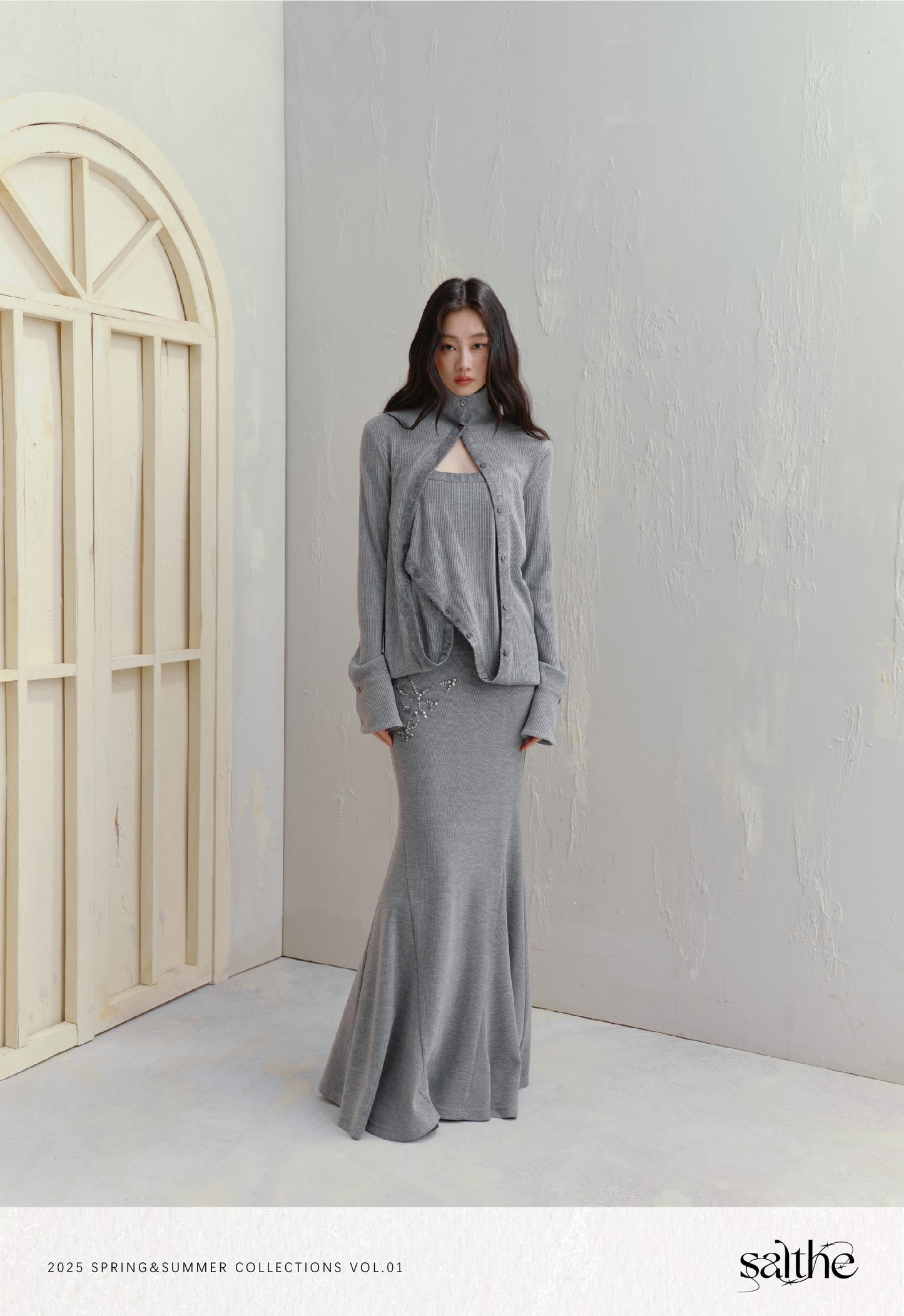 Asymmetric Knit Tube Top Cardigan / Butterfly Maxi Skirt