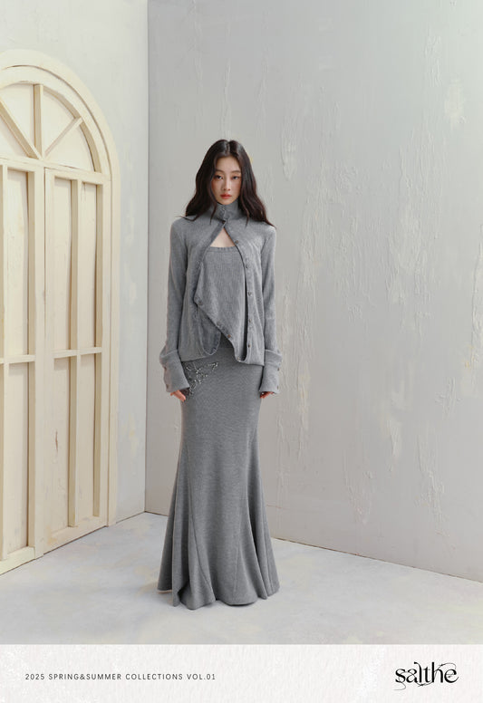 Asymmetric Knit Tube Top Cardigan / Butterfly Maxi Skirt