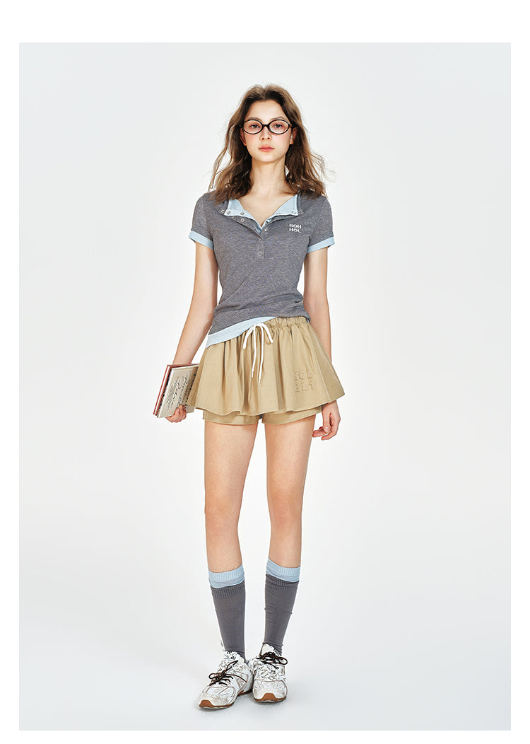 Two-Tone Faux Layered Henley Neck T-Shirt