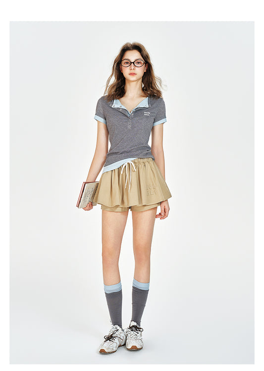 Two-Tone Faux Layered Henley Neck T-Shirt