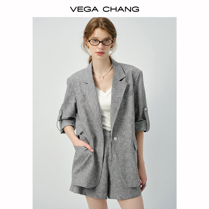 Linen Blend Melange Jacket And Matching Shorts