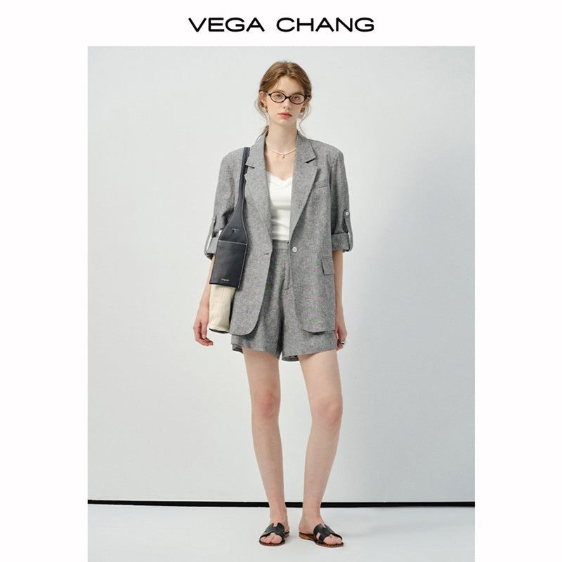 Linen Blend Melange Jacket And Matching Shorts