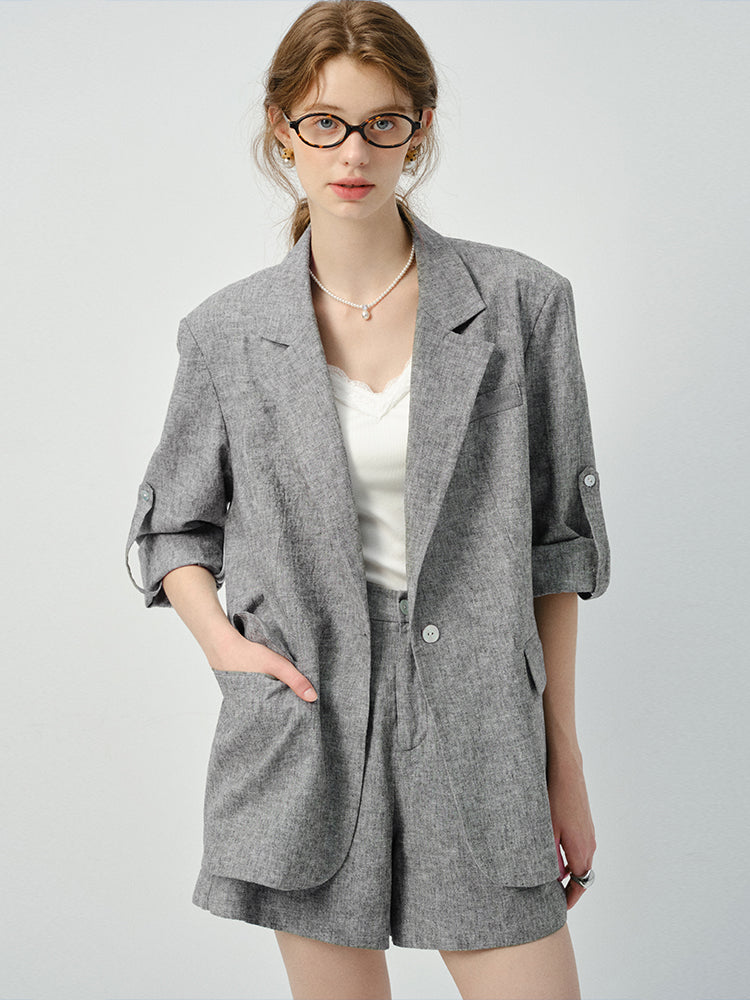 Linen Blend Melange Jacket And Matching Shorts