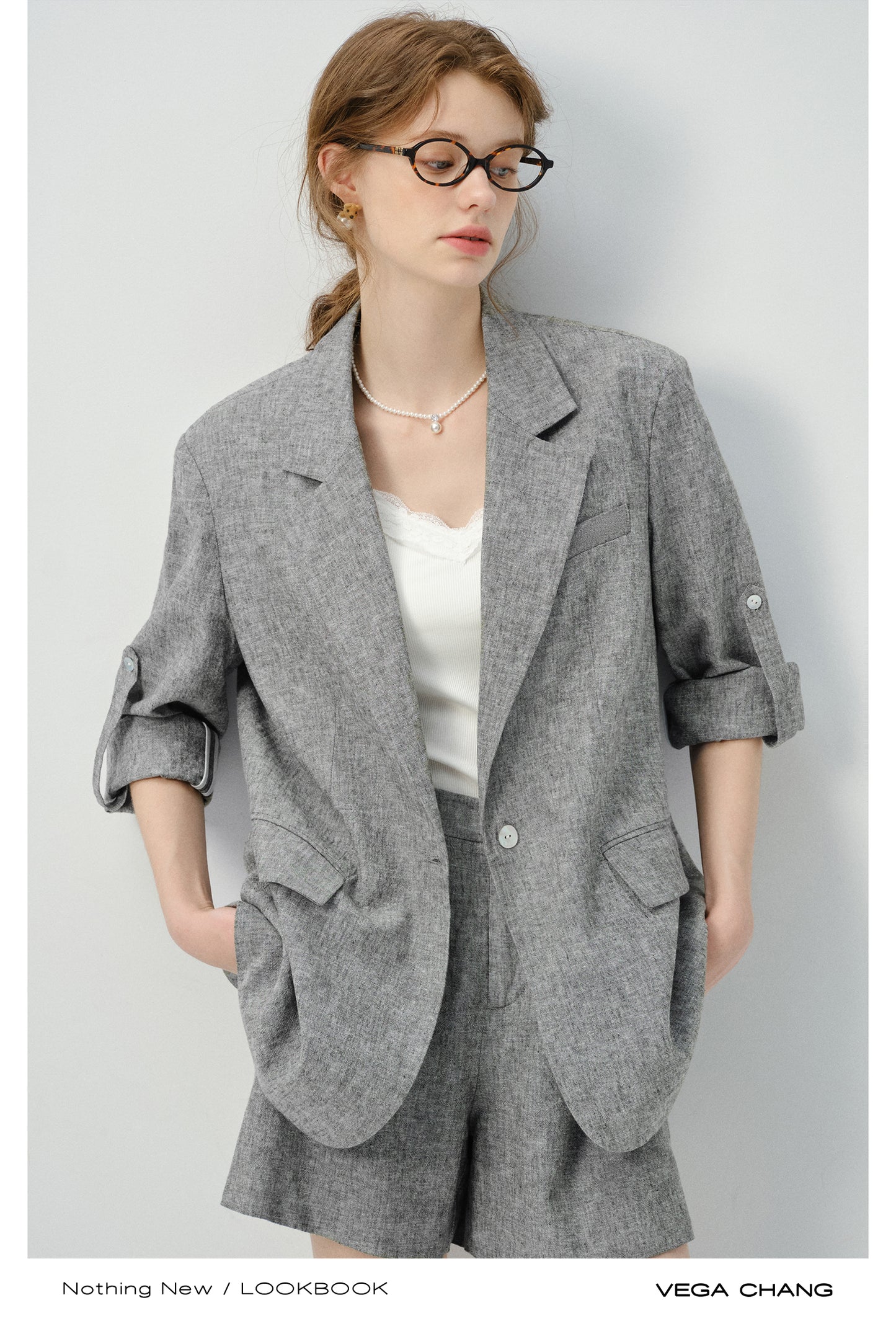 Linen Blend Melange Jacket And Matching Shorts
