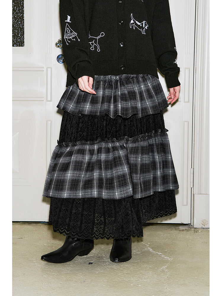 Plaid And Lace Asymmetrical Layered Skirt