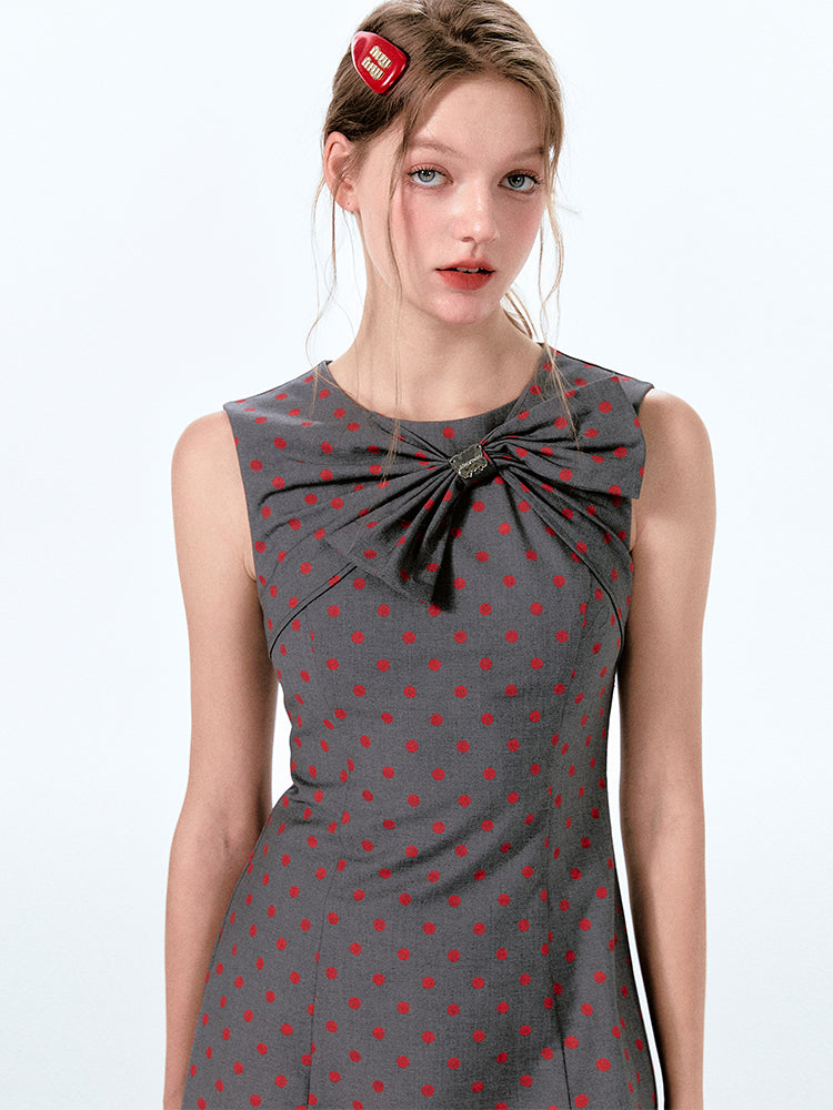 Large Bow Sleeveless Polka Dot Mini Dress
