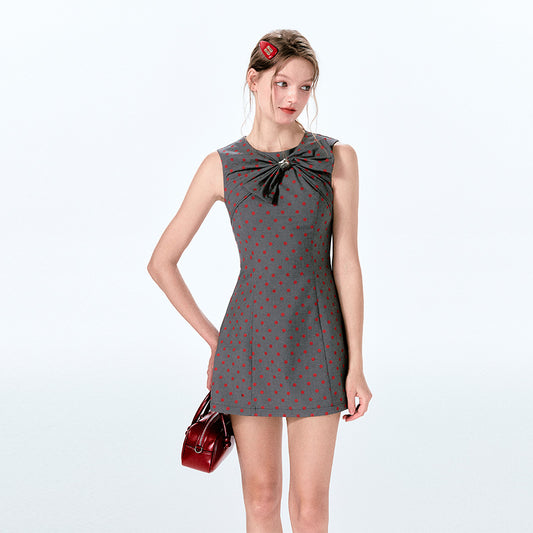 Large Bow Sleeveless Polka Dot Mini Dress