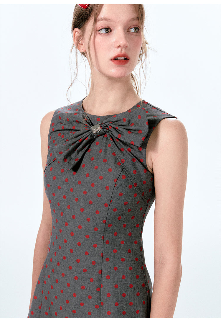 Large Bow Sleeveless Polka Dot Mini Dress