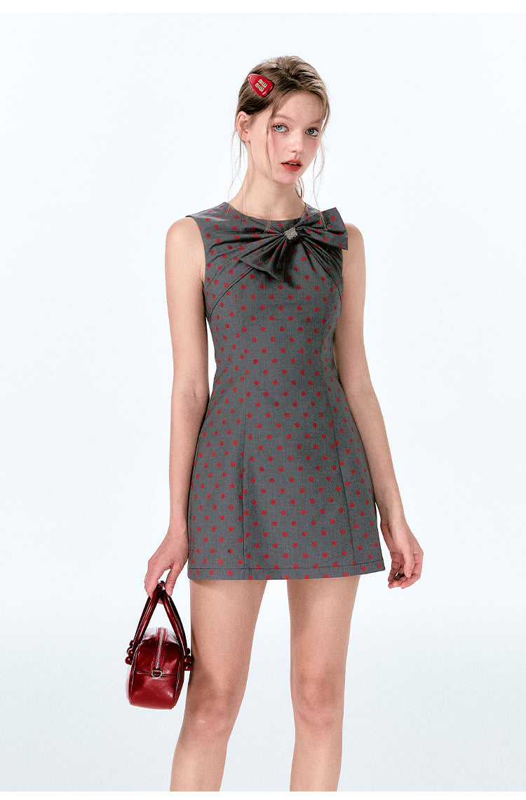 Large Bow Sleeveless Polka Dot Mini Dress