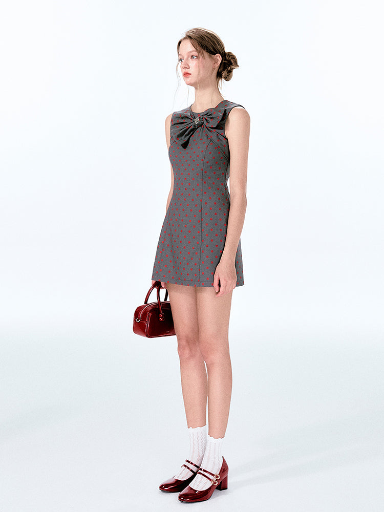 Large Bow Sleeveless Polka Dot Mini Dress