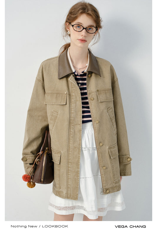 Faux Leather Collar Boxy Cotton Jacket