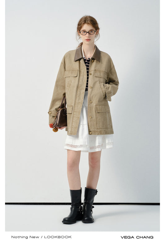 Faux Leather Collar Boxy Cotton Jacket