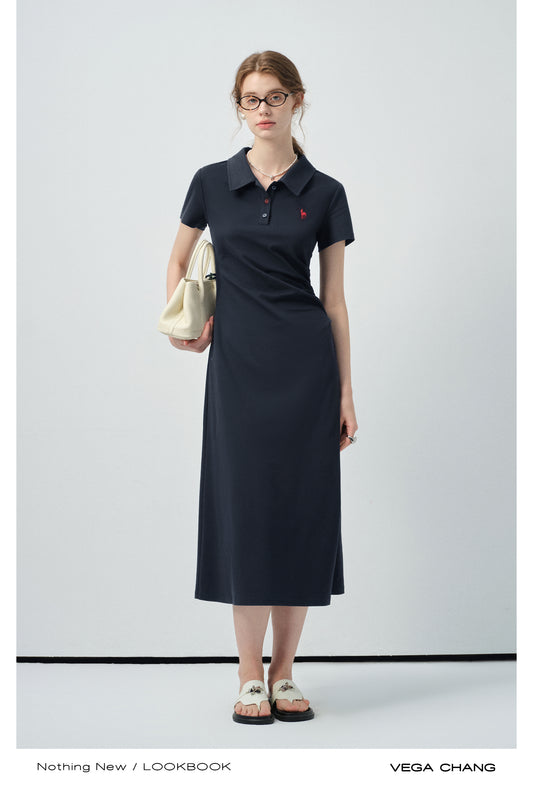 Gathered Waist Midi Polo Dress