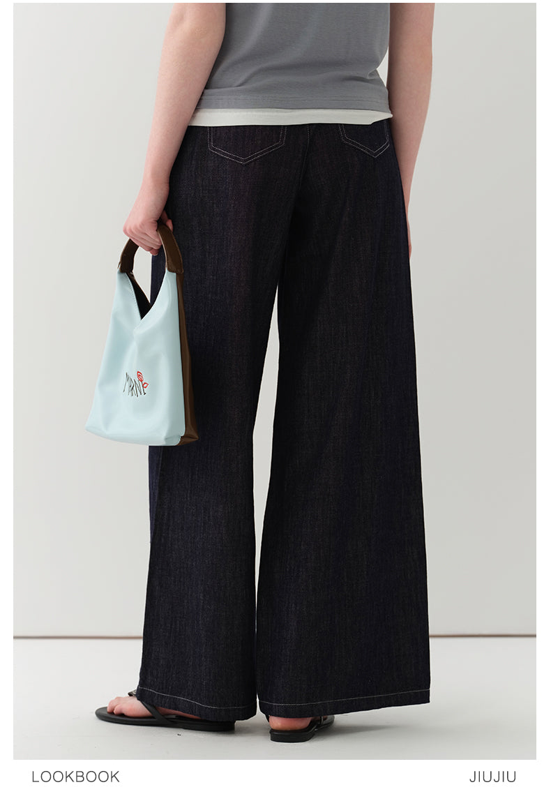 Wide-Leg Denim Pants With Stitched Pleat Detail