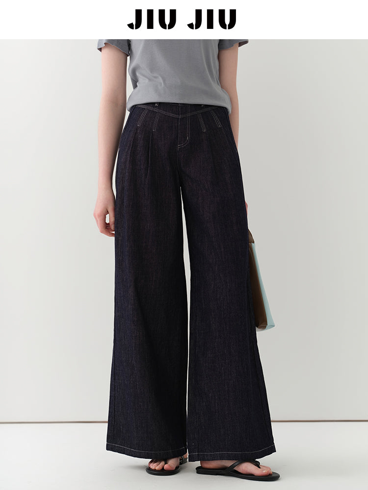 Wide-Leg Denim Pants With Stitched Pleat Detail