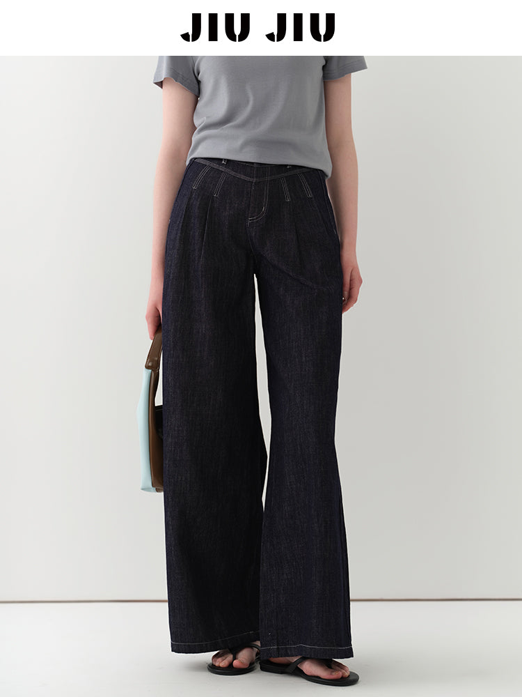 Wide-Leg Denim Pants With Stitched Pleat Detail