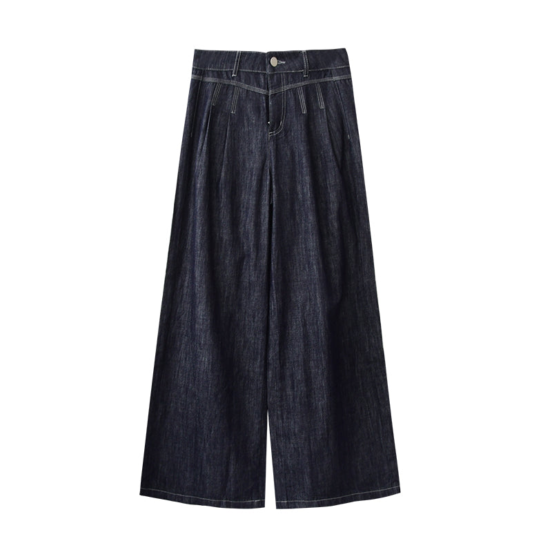 Wide-Leg Denim Pants With Stitched Pleat Detail