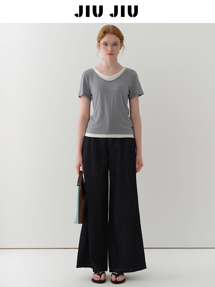 Wide-Leg Denim Pants With Stitched Pleat Detail