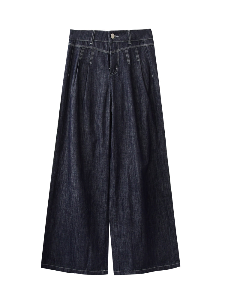 Wide-Leg Denim Pants With Stitched Pleat Detail