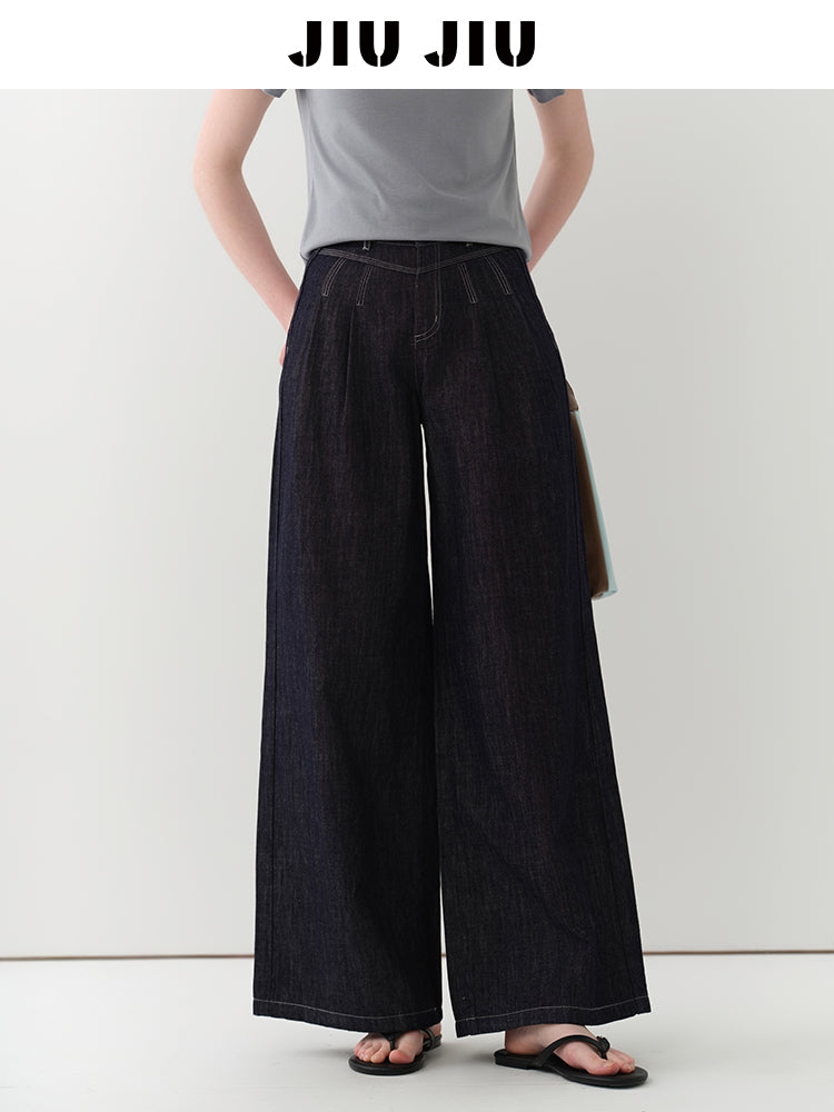 Wide-Leg Denim Pants With Stitched Pleat Detail