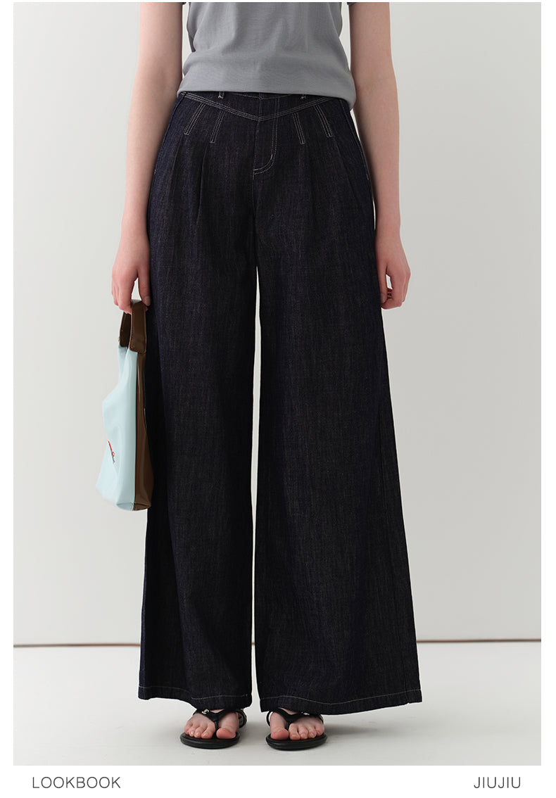 Wide-Leg Denim Pants With Stitched Pleat Detail