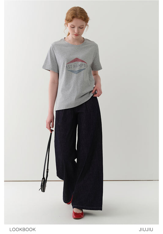 Wide-Leg Denim Pants With Stitched Pleat Detail