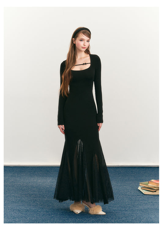 Fitted Fishtail Dress With Bow Strap And Mesh Hem