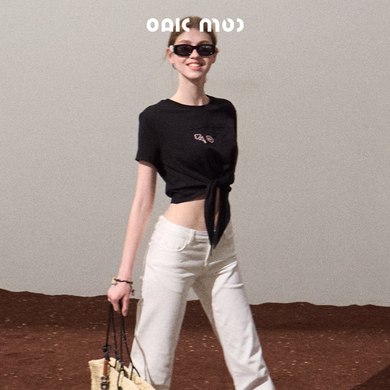 Tie Hem Embroidered T-Shirt