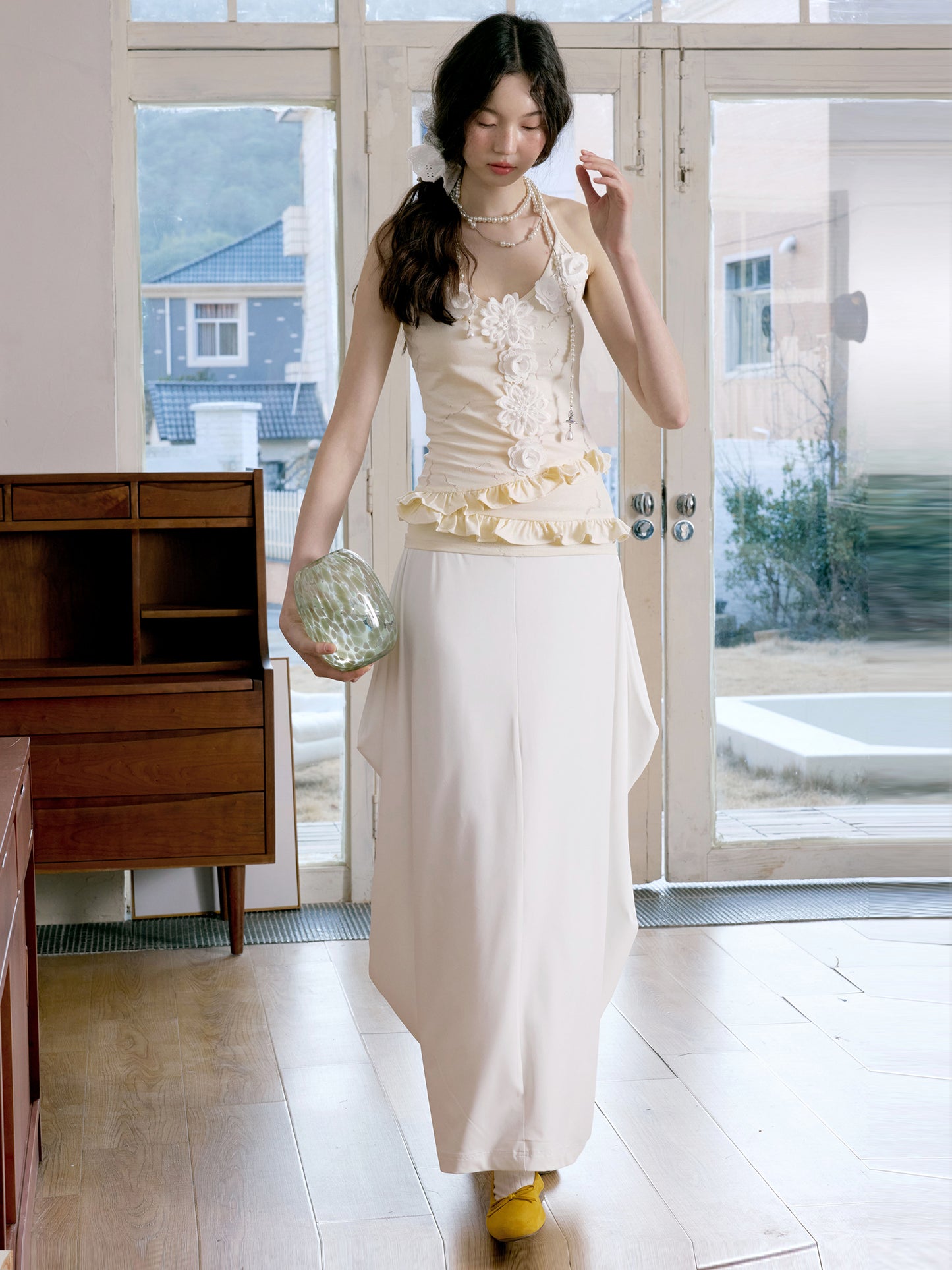 Floral Embellished Halter Dress & Lace Overlay Top