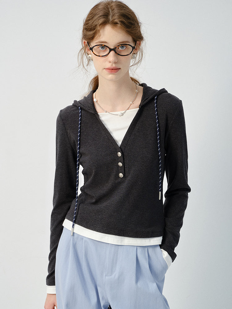 Layered-Look Fitted Knit Hoodie