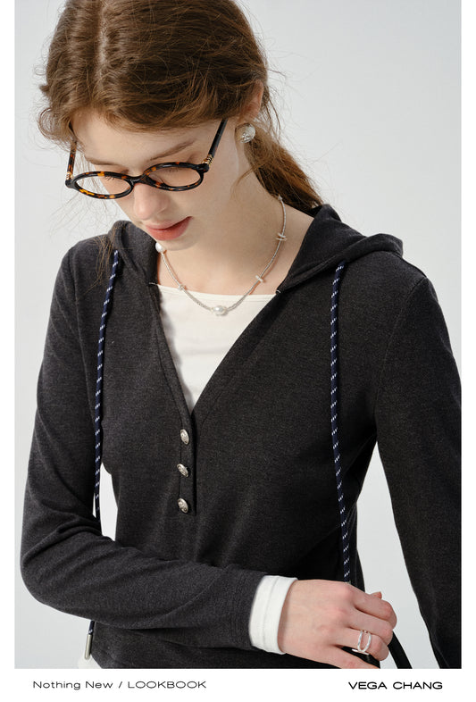 Layered-Look Fitted Knit Hoodie