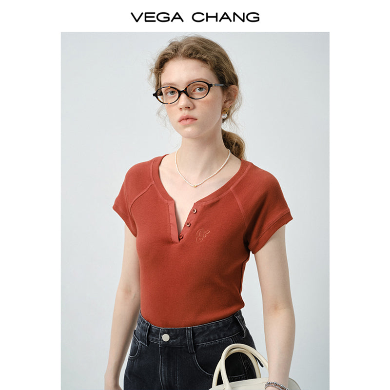 Embroidered Henley Neck Raglan Ribbed T-Shirt