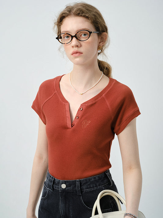Embroidered Henley Neck Raglan Ribbed T-Shirt