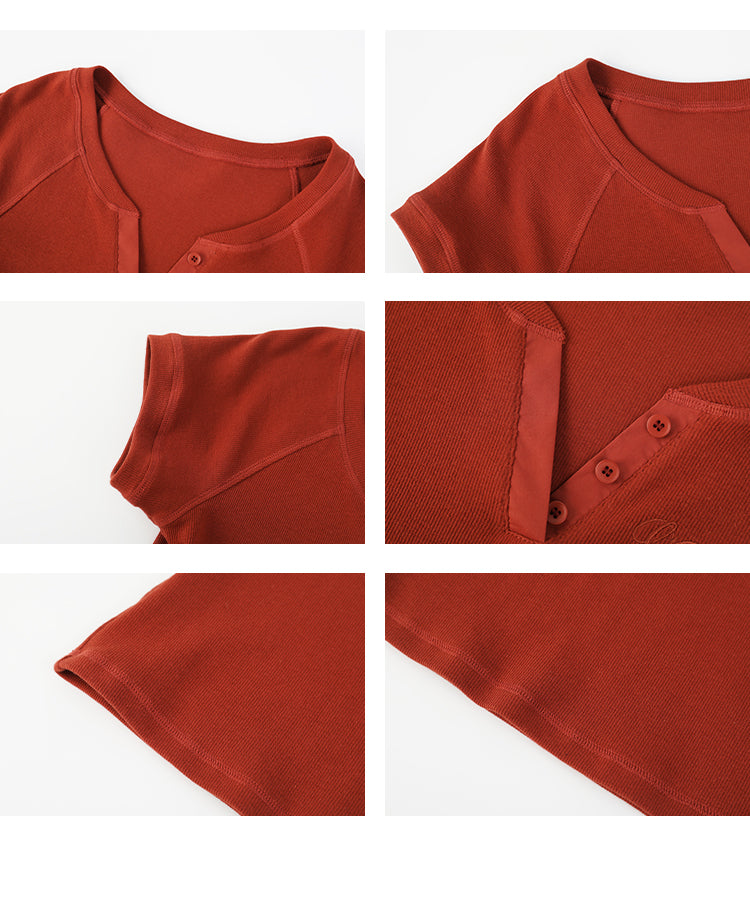 Embroidered Henley Neck Raglan Ribbed T-Shirt