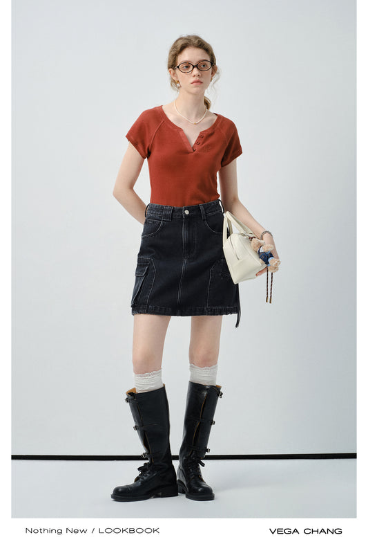 Embroidered Henley Neck Raglan Ribbed T-Shirt