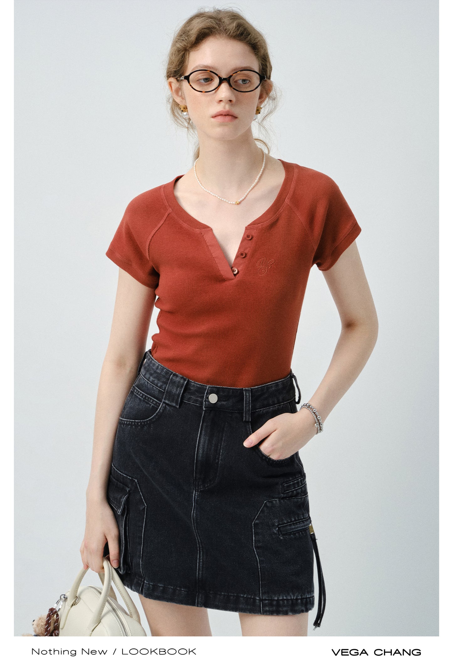 Embroidered Henley Neck Raglan Ribbed T-Shirt