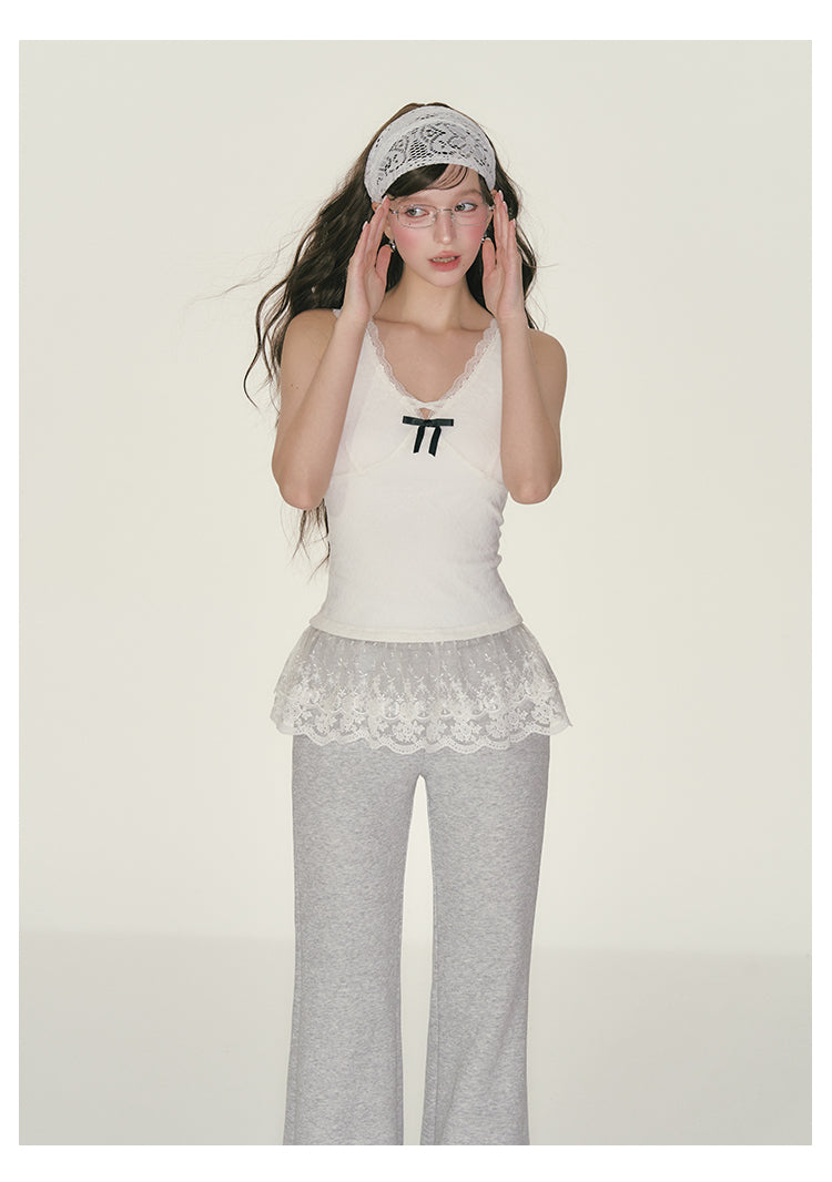 Slim Fit Top With See-Through Lace Hem